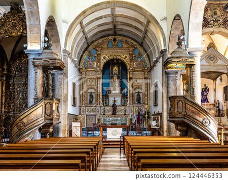 Faro, Portugal - Feb 16, 2025: Interior of Sao Pedro church, Igreja de Sao Pedro in Faro, Portugal. Faro, Portugal - Feb 16, 2025: Interior of Sao Pedro church, Igreja de Sao Pedro in Faro, Portugal. 124446353