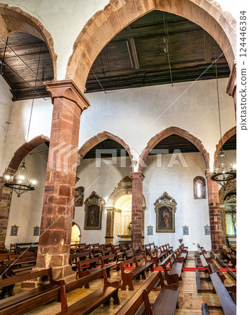 Silves, Portugal - Feb 21, 2025: Interior of Catedral da Se, Se Cathedral at Silves, Portugal. Silves, Portugal - Feb 21, 2025: Interior of Catedral da Se, Se Cathedral at Silves, Portugal. 124446384
