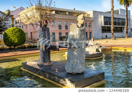 Silves, Portugal - Feb 21, 2025: Praca Al Mutamid Square with fountains and modern sculptures at Silves, Portugal Silves, Portugal - Feb 21, 2025: Praca Al Mutamid Square with fountains and modern sculptures at Silves, Portugal 124446389