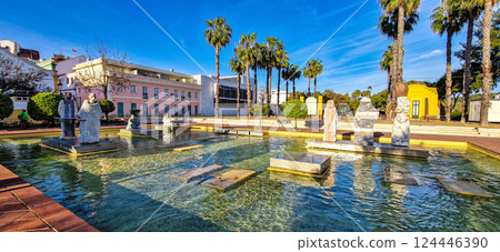 Silves, Portugal - Feb 21, 2025: Praca Al Mutamid Square with fountains and modern sculptures at Silves, Portugal 124446390