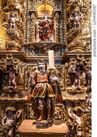 Lagos, Portugal - Feb 22, 2025: Interior of Church of St Anthony, Igreja de Santo Antonio in Lagos, Algarve, Portugal 124446397