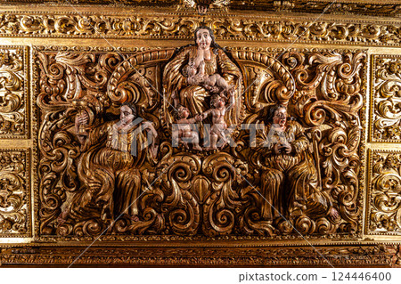 Lagos, Portugal - Feb 22, 2025: Interior of Church of St Anthony, Igreja de Santo Antonio in Lagos, Algarve, Portugal Lagos, Portugal - Feb 22, 2025: Interior of Church of St Anthony, Igreja de Santo Antonio in Lagos, Algarve, Portugal 124446400