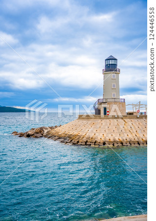Lighthouse with a restaurant in Lustica Bay in winter time, Montenegro Lighthouse with a restaurant in Lustica Bay in winter time, Montenegro 124446558