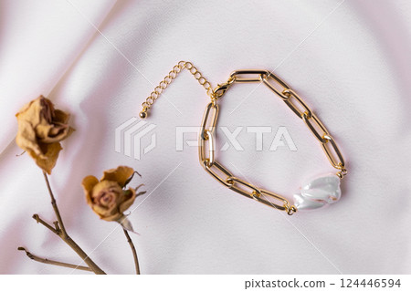 Female Jewelry. Vintage bijouterie jewelry handmade. Flat lay, top view copy space and empty space for text 124446594