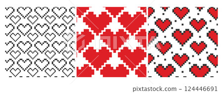 Pixel Art Heart shape Black and red Seamless Patterns Valentines Day White Day Background idea Set 3 124446691
