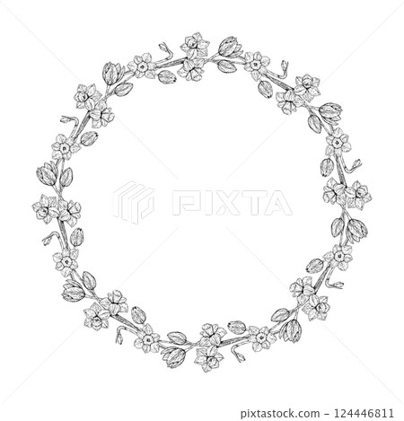 Vector illustration of a round floral wreath made of daffodil flowers and buds. Hand drawn in monochrome ink line art style. Perfect for spring greeting cards, Easter, or decorative design. Vector illustration of a round floral wreath made of daffodil flowers and buds. Hand drawn in monochrome ink line art style. Perfect for spring greeting cards, Easter, or decorative design. 124446811