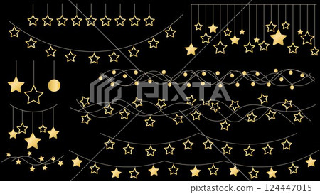 Set of festive garlands with gold stars and balls 124447015