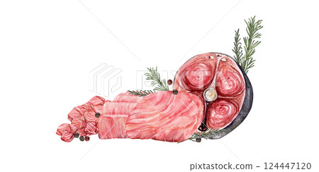 Raw tuna steak, sliced fillet, and cubes with black pepper and rosemary sprigs Raw tuna steak, sliced fillet, and cubes with black pepper and rosemary sprigs 124447120