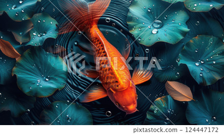 Koi fish gracefully swimming downward in a serene pond with water droplets on turquoise leaves Koi fish gracefully swimming downward in a serene pond with water droplets on turquoise leaves 124447172