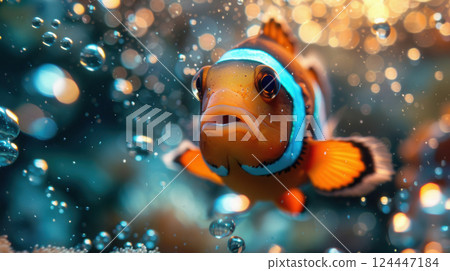 Clownfish exploring colorful coral reef in bright underwater environment Clownfish exploring colorful coral reef in bright underwater environment 124447184