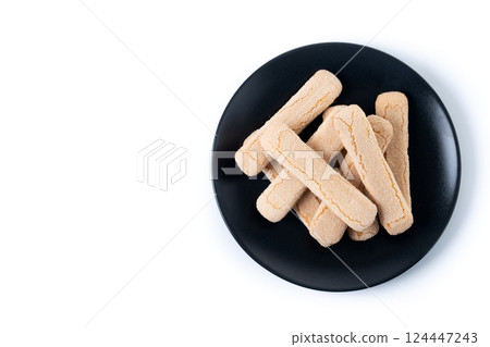 Italian biscuits ladyfingers savoiardi isolated on white background. Top view. Copy space 124447243