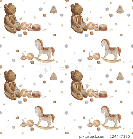 Seamless pattern vintage toys teddy bear, swing horse beige pastel color. Watercolor illustration on isolated white background for textile design, fabric, packaging, children's clothing, baby, dolls Seamless pattern vintage toys teddy bear, swing horse beige pastel color. Watercolor illustration on isolated white background for textile design, fabric, packaging, children's clothing, baby, dolls 124447320