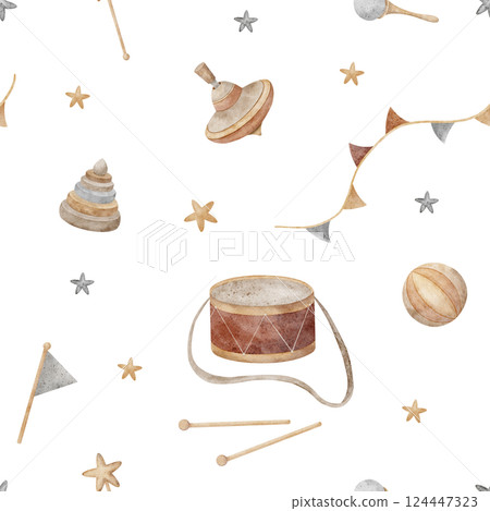 Watercolor pattern wooden toys, drum, spinning top, pyramid, ball, rattle in stars and garland flags. Seamless print in retro style. Children's illustration on isolated background for design, fabric Watercolor pattern wooden toys, drum, spinning top, pyramid, ball, rattle in stars and garland flags. Seamless print in retro style. Children's illustration on isolated background for design, fabric 124447323