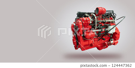 Red diesel engine on gray background 124447362