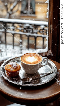 A winter photograph of a cup of coffee with a muffin on a white saucer, on a cafe table in front of 124447638