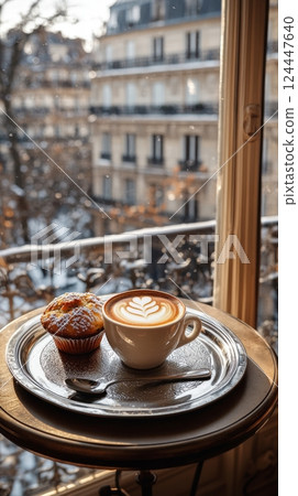 Capture the cozy winter vibes with this charming scene of a coffee cup and muffin on a silver tray 124447640