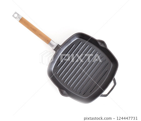 Grill pan with wooden handle on white background, isolate, close-up, barbecue 124447731