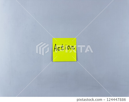 Sticky note with the word Action written on it, placed on white background. Ideal for illustrating themes of initiative, movement, and productivity. Great for concept creation Sticky note with the word Action written on it, placed on white background. Ideal for illustrating themes of initiative, movement, and productivity. Great for concept creation 124447886