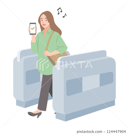 A young woman passing through a ticket gate with a smartphone A young woman passing through a ticket gate with a smartphone 124447904