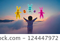 閃亮的夢幻兔子在夜空中翩翩起舞 124447972