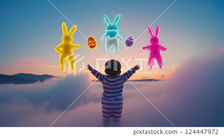 閃亮的夢幻兔子在夜空中翩翩起舞 124447972