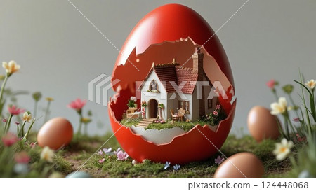Miniature house in a red eggshell 124448068