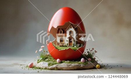 Miniature house in a red eggshell 124448069