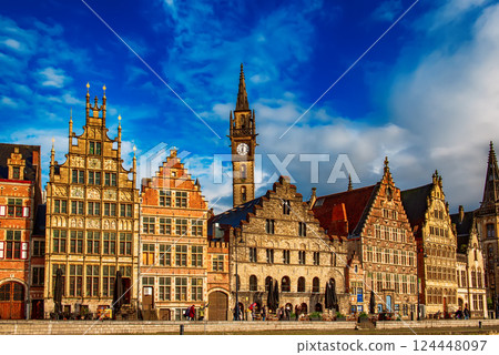 Ghent city historical center, tourists boats and colorful buildings on Leie river bank, Belgium 124448097