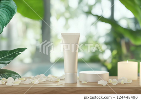 Cream tube mock-up on a wooden surface, flower petals and aromatic candles 124448490