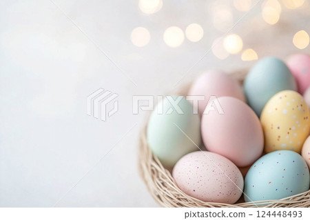 Pastel Easter eggs in baskets on light background 124448493