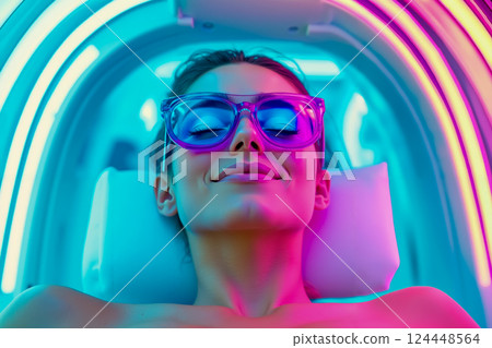 A woman wearing sunglasses laying in a tanning bed 124448564