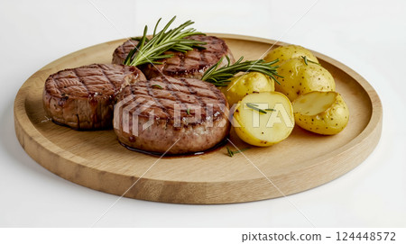 A wooden plate topped with meat and potatoes A wooden plate topped with meat and potatoes 124448572