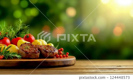 A wooden cutting board topped with meat and vegetables A wooden cutting board topped with meat and vegetables 124448573