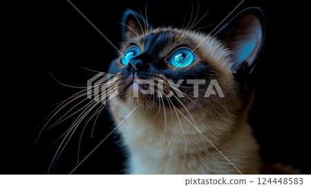 A cat with blue eyes looking up at the camera 124448583