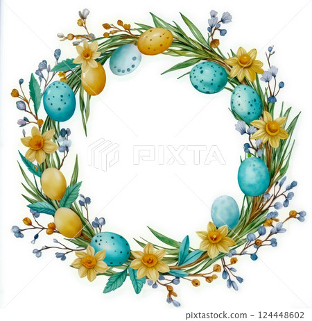 A wreath of flowers and eggs on a white background 124448602
