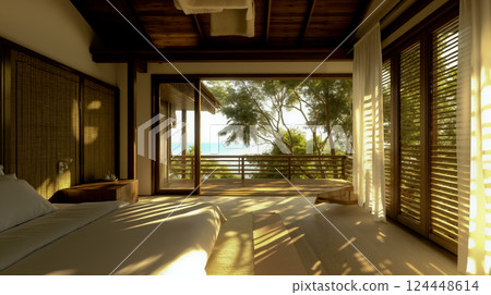 A bedroom with a view of the ocean from the bed 124448614