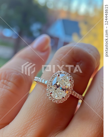 A woman's hand holding a diamond engagement ring A woman's hand holding a diamond engagement ring 124448615