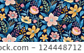 A seamless floral pattern with vibrant yellow, pink, and blue flowers with hand-painted texture on a dark navy background. Suitable for textiles, wallpapers, gift wrapping, stationery, fashion prints. 124448712