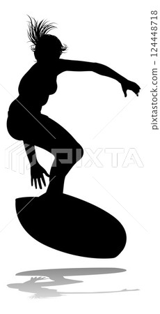 Woman Surfer Surfboard Female Surfer Silhouette Woman Surfer Surfboard Female Surfer Silhouette 124448718