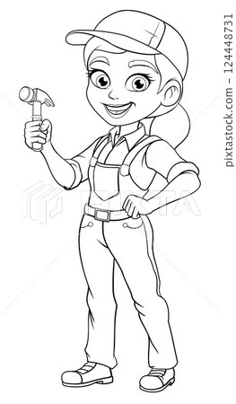 Woman Female Carpenter Cartoon Hammer Builder Woman Female Carpenter Cartoon Hammer Builder 124448731
