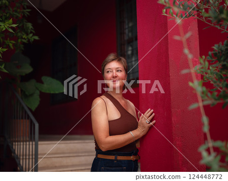 Woman walking narrow streets of old town Antalya Turkey 124448772