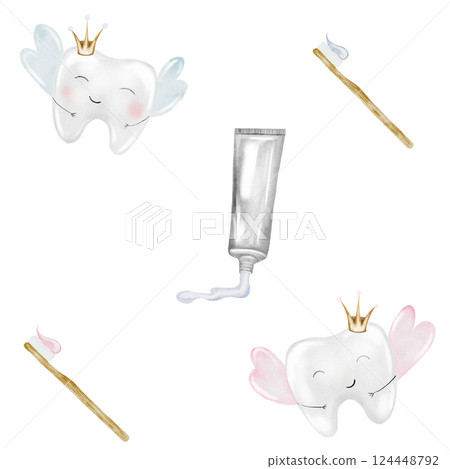 Baby tooth watercolor pattern. Cute cartoon molar with crown on isolated white background. Dental clip art. Ideal for cards and invitations to the party baby's first tooth, posters in the doctor 124448792