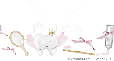 Baby tooth watercolor seamless border. Cute cartoon molar with crown on isolated white background. Dental clip art. Ideal for cards and invitations to the party baby's first tooth, posters in the 124448793