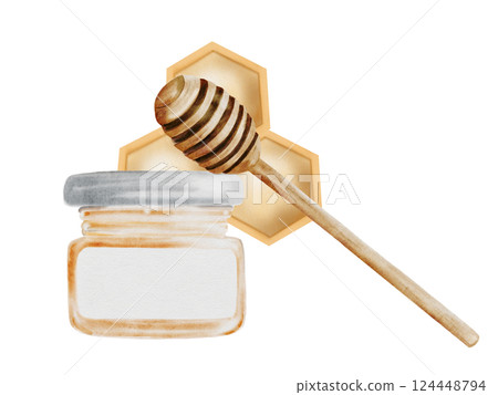 Honey jar with wooden stick watercolor. Hand drawn canned sweet bee product. Food clip art. Ideal for farm products and natural cosmetics packaging. 124448794