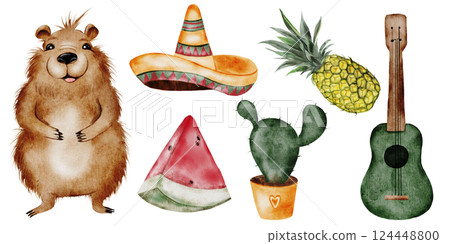 Capybara watercolor set. A funny cartoon animal, mexican sombrero hat, watermelon and cactus. Cute water pig hand drawing on isolated white background. Clip art of a friendly guinea pig. Ideal for Capybara watercolor set. A funny cartoon animal, mexican sombrero hat, watermelon and cactus. Cute water pig hand drawing on isolated white background. Clip art of a friendly guinea pig. Ideal for 124448800
