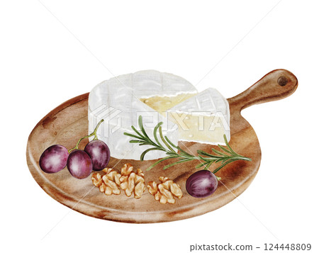 Piece of cheese watercolor. Hand drawn brie on a wooden cutting board. Italian cheese with grapes on white background. Clip art food. Ideal for restaurant menus, recipe books and farm dairy product 124448809