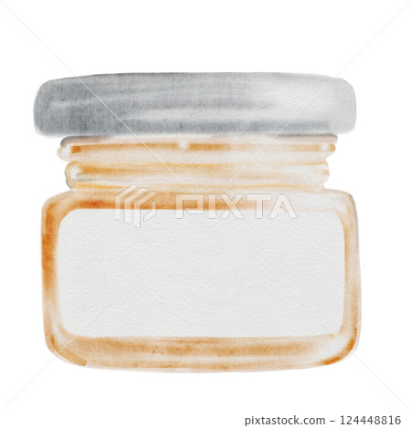 Jam jar or honey watercolor. Hand drawn canned sweets on white background. Clip art food. Ideal for packaging goods with jam. Organic food Jam jar or honey watercolor. Hand drawn canned sweets on white background. Clip art food. Ideal for packaging goods with jam. Organic food 124448816