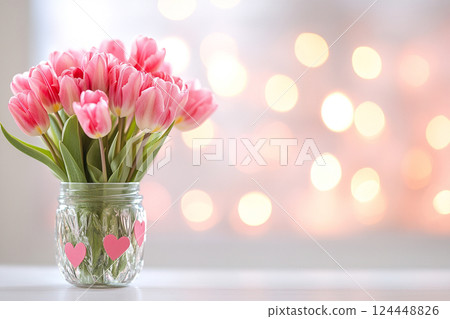 Mothers Day table setting with tulips, hearts and tulips, lights bokeh 124448826