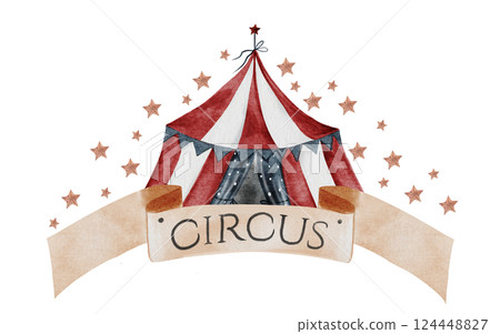 Vintage Circus Tent Illustration. Clip art with circus sign and sign. Hand drawn cute. Perfect for birthday and baby shower invitations. 124448827