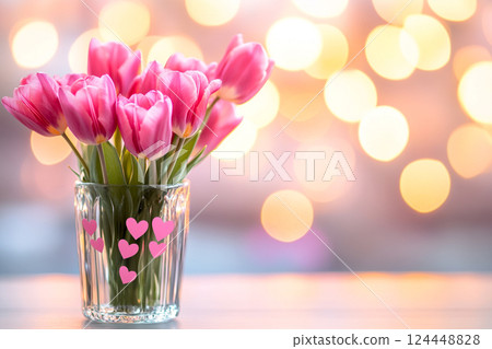 Mothers Day table setting with tulips, hearts and tulips, lights bokeh 124448828
